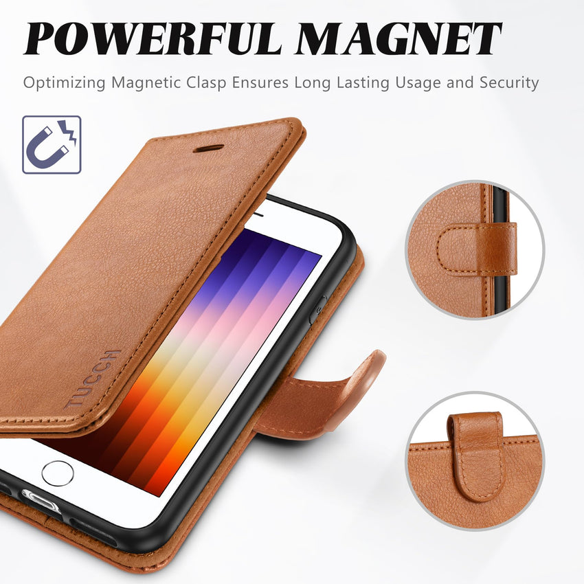 iPhone SE 2022/ iPhone 7/8/iPhone SE 2020, PU Leather 3 Card Slots Stand Magnetic Flip Folio Cover TPU Shockproof Inner Shell, Black - 7DAY'S