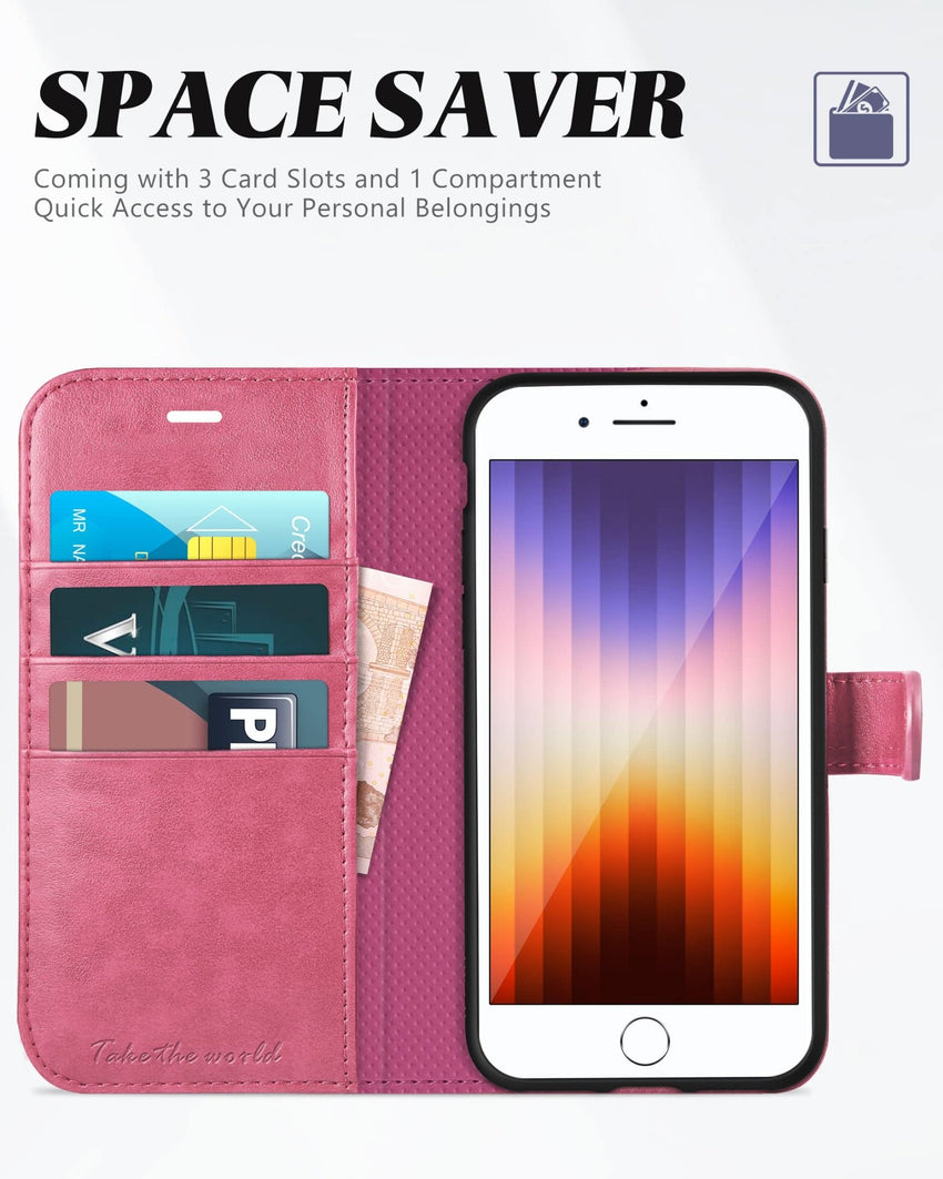 iPhone SE 2022/ iPhone 7/8/iPhone SE 2020, PU Leather 3 Card Slots Stand Magnetic Flip Folio Cover TPU Shockproof Inner Shell, Black - 7DAY'S