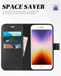 iPhone SE 2022/ iPhone 7/8/iPhone SE 2020, PU Leather 3 Card Slots Stand Magnetic Flip Folio Cover TPU Shockproof Inner Shell, Black - 7DAY'S