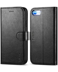 iPhone SE 2022/ iPhone 7/8/iPhone SE 2020, PU Leather 3 Card Slots Stand Magnetic Flip Folio Cover TPU Shockproof Inner Shell, Black - 7DAY'S