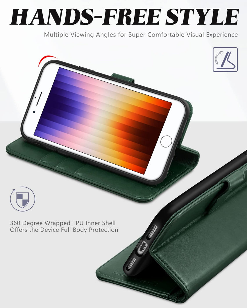 iPhone SE 2022/ iPhone 7/8/iPhone SE 2020, PU Leather 3 Card Slots Stand Magnetic Flip Folio Cover TPU Shockproof Inner Shell, Black - 7DAY'S
