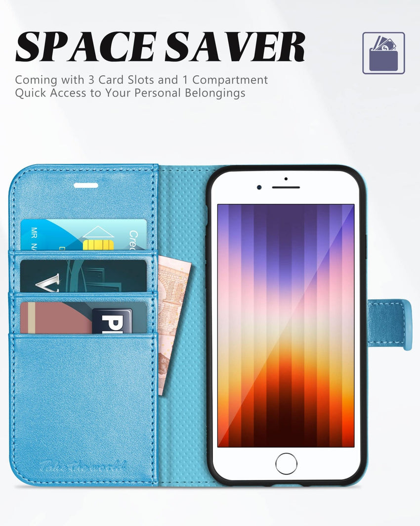iPhone SE 2022/ iPhone 7/8/iPhone SE 2020, PU Leather 3 Card Slots Stand Magnetic Flip Folio Cover TPU Shockproof Inner Shell, Black - 7DAY'S