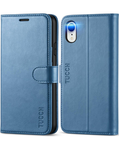 iPhone XR, Kickstand RFID Blocking Credit Card Slot PU Leather Folio Phone Cover with Wireless Charging [Shockproof TPU Shell] Compatible with iPhone XR 6.1, Black - 7DAY'S