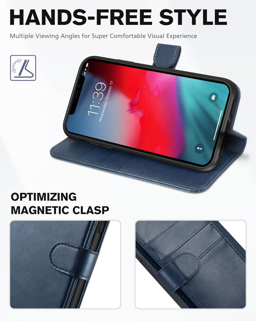 iPhone XR, Kickstand RFID Blocking Credit Card Slot PU Leather Folio Phone Cover with Wireless Charging [Shockproof TPU Shell] Compatible with iPhone XR 6.1, Black - 7DAY'S