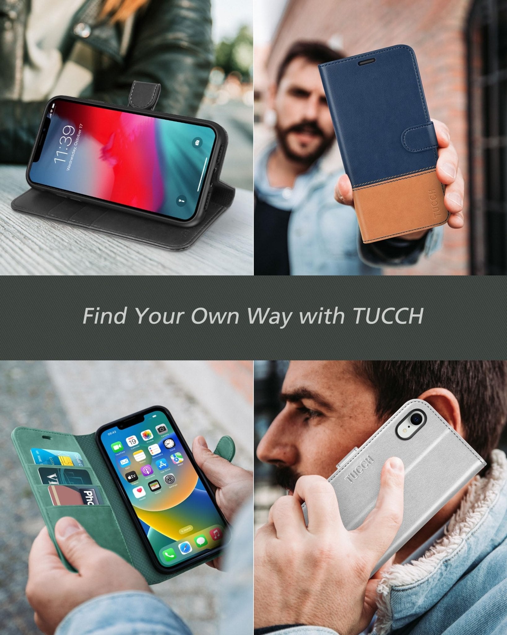 iPhone XR, Kickstand RFID Blocking Credit Card Slot PU Leather Folio Phone Cover with Wireless Charging [Shockproof TPU Shell] Compatible with iPhone XR 6.1, Black - 7DAY'S