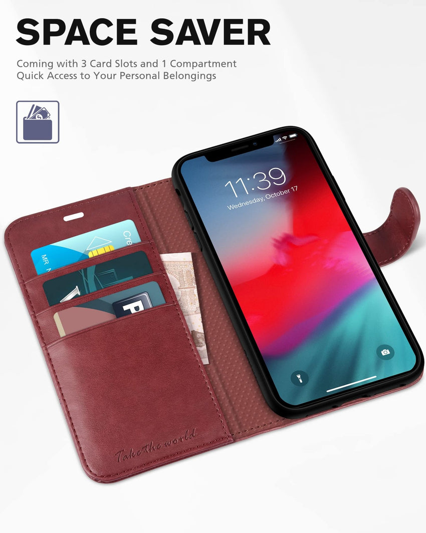 iPhone XR, Kickstand RFID Blocking Credit Card Slot PU Leather Folio Phone Cover with Wireless Charging [Shockproof TPU Shell] Compatible with iPhone XR 6.1, Black - 7DAY'S