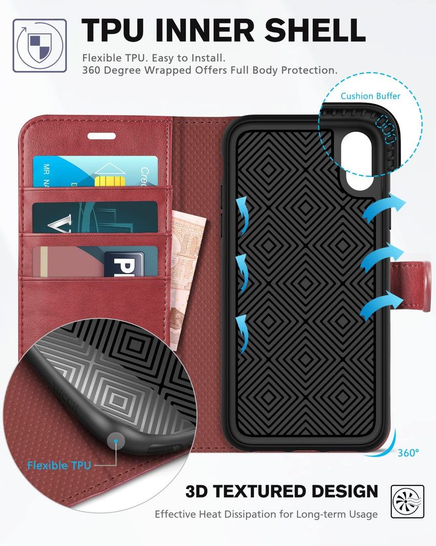 iPhone XR, Kickstand RFID Blocking Credit Card Slot PU Leather Folio Phone Cover with Wireless Charging [Shockproof TPU Shell] Compatible with iPhone XR 6.1, Black - 7DAY'S