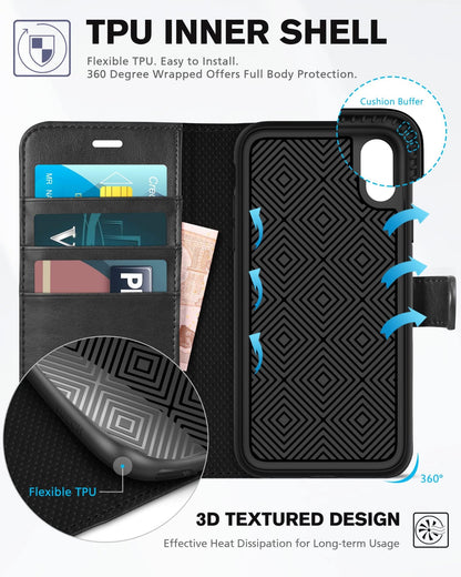 iPhone XR, Kickstand RFID Blocking Credit Card Slot PU Leather Folio Phone Cover with Wireless Charging [Shockproof TPU Shell] Compatible with iPhone XR 6.1, Black - 7DAY'S