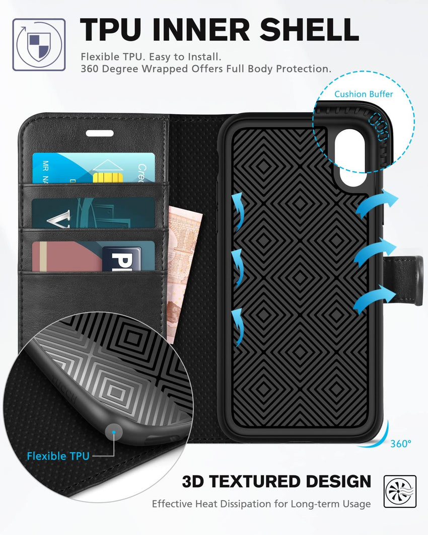 iPhone XR, Kickstand RFID Blocking Credit Card Slot PU Leather Folio Phone Cover with Wireless Charging [Shockproof TPU Shell] Compatible with iPhone XR 6.1, Black - 7DAY'S