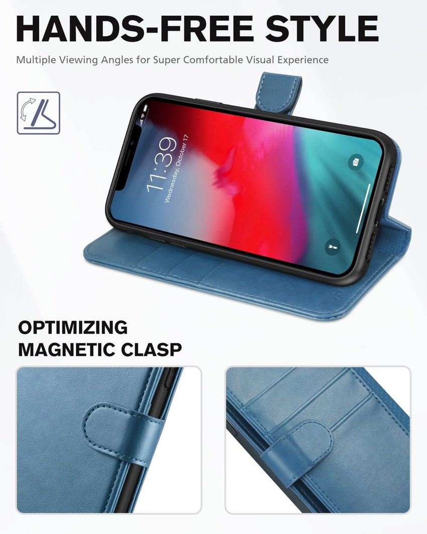 iPhone XR, Kickstand RFID Blocking Credit Card Slot PU Leather Folio Phone Cover with Wireless Charging [Shockproof TPU Shell] Compatible with iPhone XR 6.1, Black - 7DAY'S