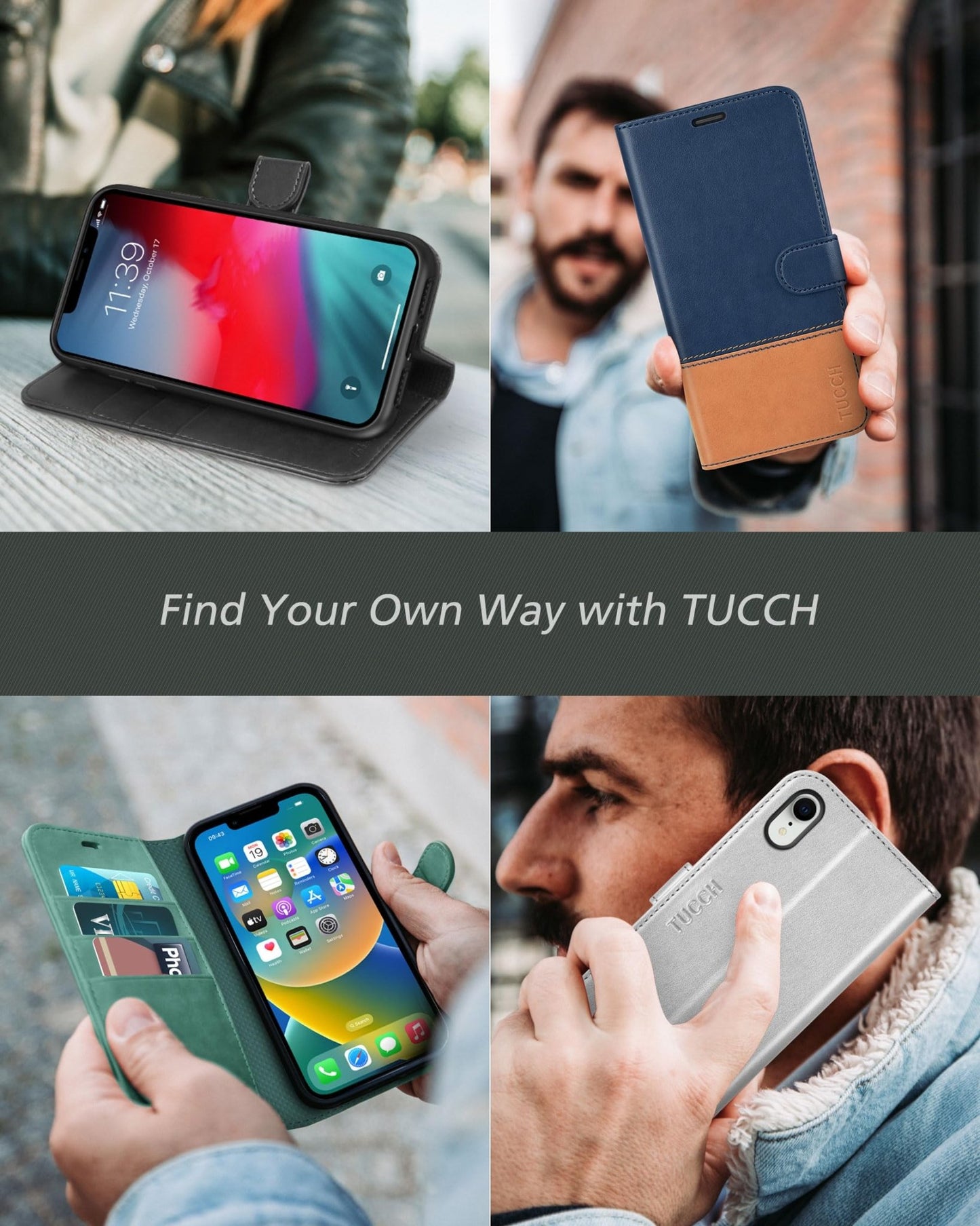 iPhone XR, Kickstand RFID Blocking Credit Card Slot PU Leather Folio Phone Cover with Wireless Charging [Shockproof TPU Shell] Compatible with iPhone XR 6.1, Black - 7DAY'S