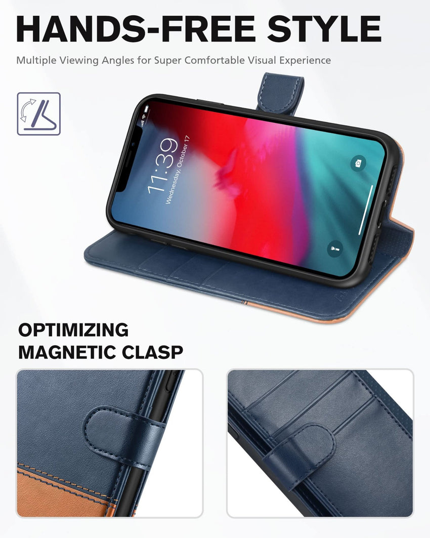 iPhone XR, Kickstand RFID Blocking Credit Card Slot PU Leather Folio Phone Cover with Wireless Charging [Shockproof TPU Shell] Compatible with iPhone XR 6.1, Black - 7DAY'S