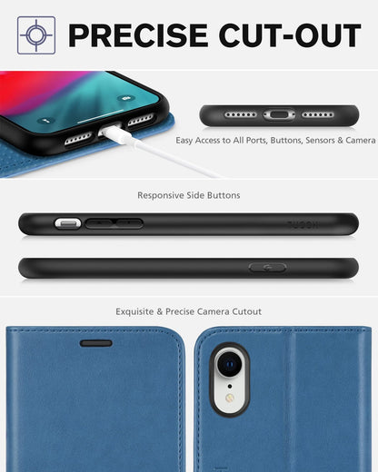 iPhone XR, Kickstand RFID Blocking Credit Card Slot PU Leather Folio Phone Cover with Wireless Charging [Shockproof TPU Shell] Compatible with iPhone XR 6.1, Black - 7DAY'S