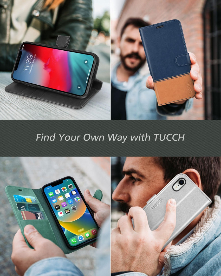 iPhone XR, Kickstand RFID Blocking Credit Card Slot PU Leather Folio Phone Cover with Wireless Charging [Shockproof TPU Shell] Compatible with iPhone XR 6.1, Black - 7DAY'S