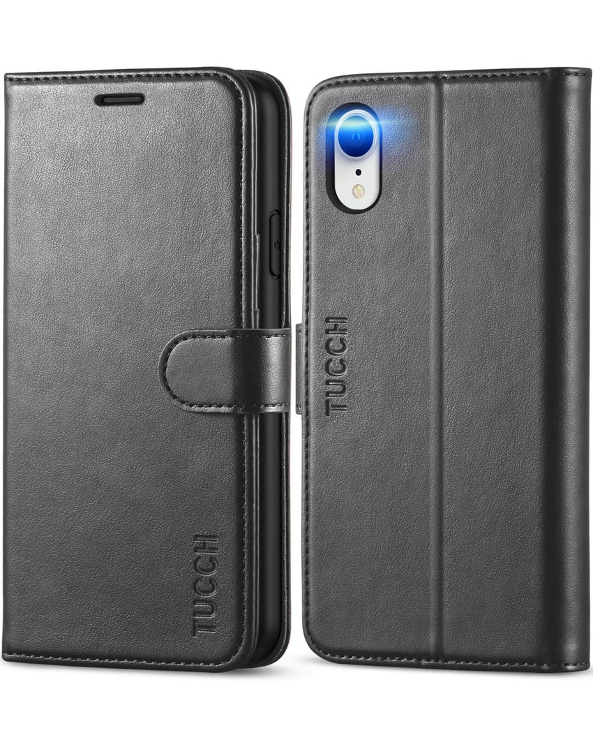 iPhone XR, Kickstand RFID Blocking Credit Card Slot PU Leather Folio Phone Cover with Wireless Charging [Shockproof TPU Shell] Compatible with iPhone XR 6.1, Black - 7DAY'S