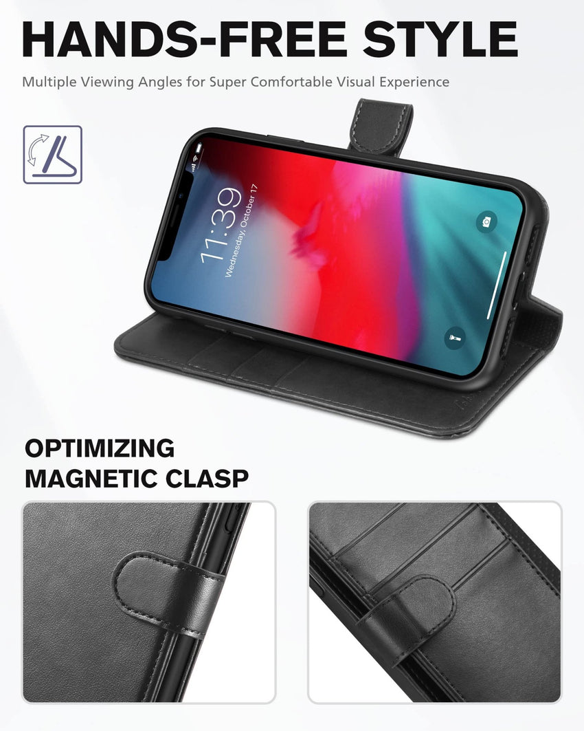 iPhone XR, Kickstand RFID Blocking Credit Card Slot PU Leather Folio Phone Cover with Wireless Charging [Shockproof TPU Shell] Compatible with iPhone XR 6.1, Black - 7DAY'S