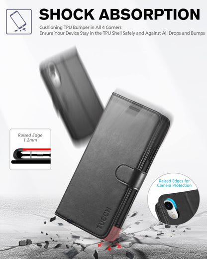 iPhone XR, Kickstand RFID Blocking Credit Card Slot PU Leather Folio Phone Cover with Wireless Charging [Shockproof TPU Shell] Compatible with iPhone XR 6.1, Black - 7DAY'S