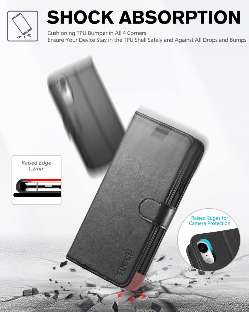iPhone XR, Kickstand RFID Blocking Credit Card Slot PU Leather Folio Phone Cover with Wireless Charging [Shockproof TPU Shell] Compatible with iPhone XR 6.1, Black - 7DAY'S
