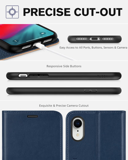 iPhone XR, Kickstand RFID Blocking Credit Card Slot PU Leather Folio Phone Cover with Wireless Charging [Shockproof TPU Shell] Compatible with iPhone XR 6.1, Black - 7DAY'S