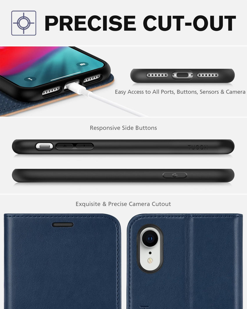 iPhone XR, Kickstand RFID Blocking Credit Card Slot PU Leather Folio Phone Cover with Wireless Charging [Shockproof TPU Shell] Compatible with iPhone XR 6.1, Black - 7DAY'S