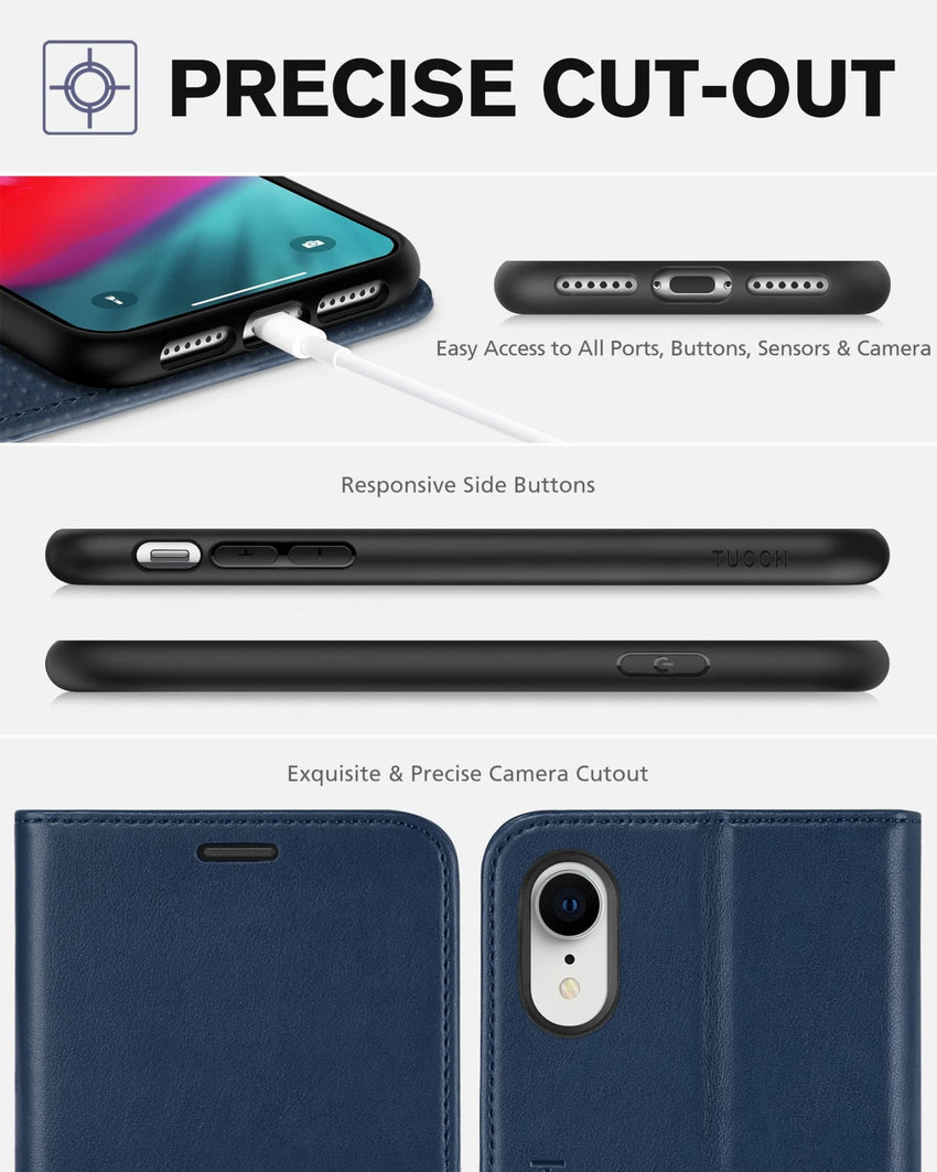 iPhone XR, Kickstand RFID Blocking Credit Card Slot PU Leather Folio Phone Cover with Wireless Charging [Shockproof TPU Shell] Compatible with iPhone XR 6.1, Black - 7DAY'S