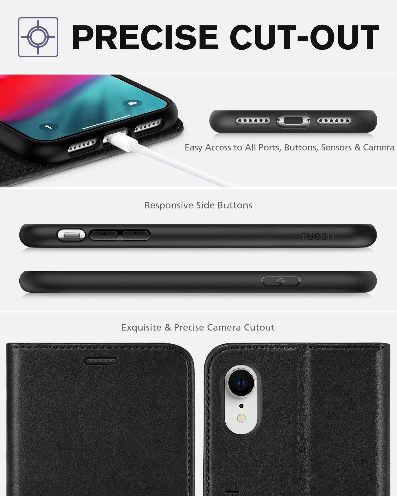 iPhone XR, Kickstand RFID Blocking Credit Card Slot PU Leather Folio Phone Cover with Wireless Charging [Shockproof TPU Shell] Compatible with iPhone XR 6.1, Black - 7DAY'S