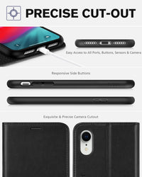 iPhone XR, Kickstand RFID Blocking Credit Card Slot PU Leather Folio Phone Cover with Wireless Charging [Shockproof TPU Shell] Compatible with iPhone XR 6.1, Black - 7DAY'S
