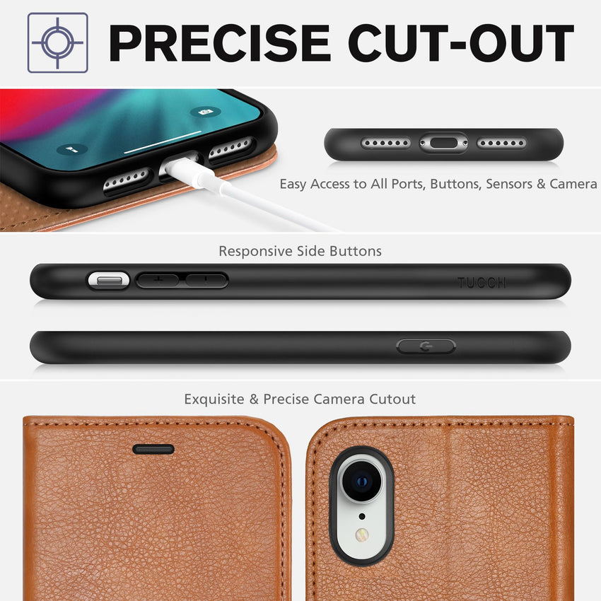 iPhone XR, Kickstand RFID Blocking Credit Card Slot PU Leather Folio Phone Cover with Wireless Charging [Shockproof TPU Shell] Compatible with iPhone XR 6.1, Black - 7DAY'S