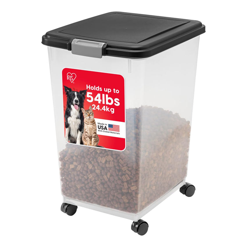 IRIS USA Airtight Pet Food Storage Container with Wheels, Black, 30 lb Capacity - BPA - Free Clear Plastic Bin with Snap - Lid Seal to Keep Kibble, Pellets or Seeds Fresh for Dogs, Cats and Birds - 7DAY'S