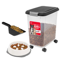 IRIS USA Airtight Pet Food Storage Container with Wheels, Black, 30 lb Capacity - BPA - Free Clear Plastic Bin with Snap - Lid Seal to Keep Kibble, Pellets or Seeds Fresh for Dogs, Cats and Birds - 7DAY'S