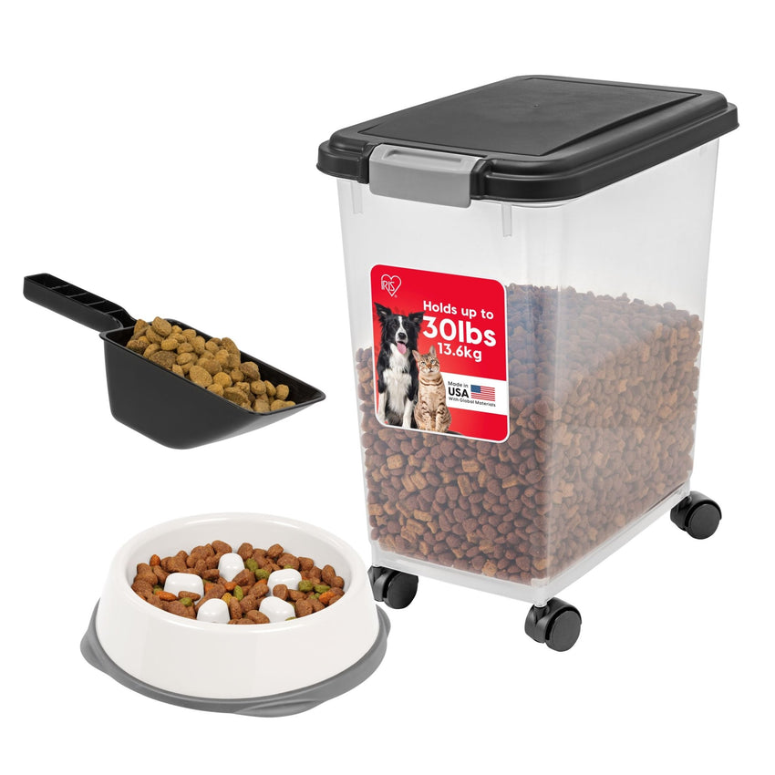 IRIS USA Airtight Pet Food Storage Container with Wheels, Black, 30 lb Capacity - BPA - Free Clear Plastic Bin with Snap - Lid Seal to Keep Kibble, Pellets or Seeds Fresh for Dogs, Cats and Birds - 7DAY'S