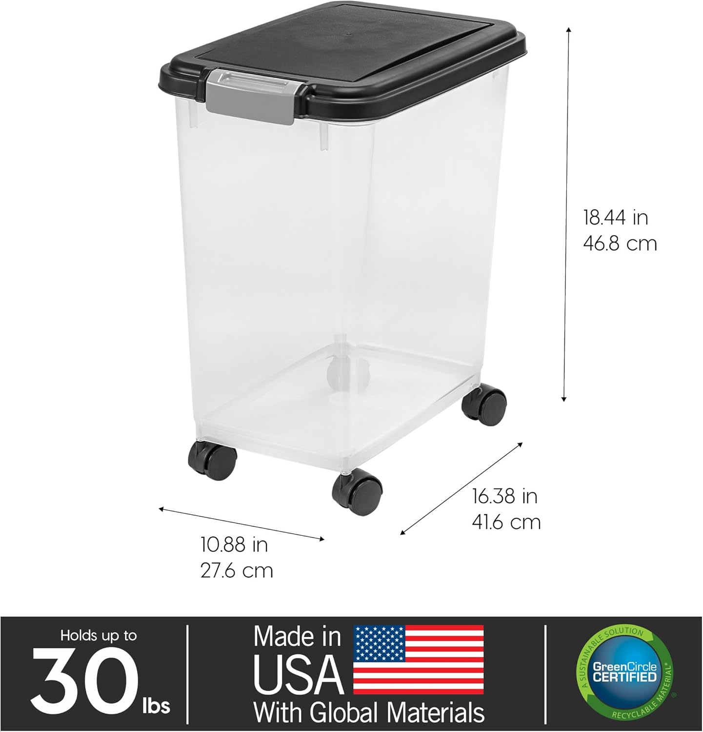 IRIS USA Airtight Pet Food Storage Container with Wheels, Black, 30 lb Capacity - BPA - Free Clear Plastic Bin with Snap - Lid Seal to Keep Kibble, Pellets or Seeds Fresh for Dogs, Cats and Birds - 7DAY'S