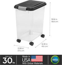 IRIS USA Airtight Pet Food Storage Container with Wheels, Black, 30 lb Capacity - BPA - Free Clear Plastic Bin with Snap - Lid Seal to Keep Kibble, Pellets or Seeds Fresh for Dogs, Cats and Birds - 7DAY'S
