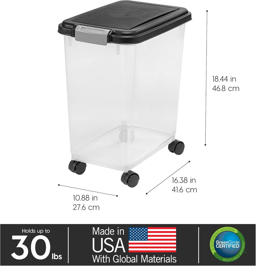 IRIS USA Airtight Pet Food Storage Container with Wheels, Black, 30 lb Capacity - BPA - Free Clear Plastic Bin with Snap - Lid Seal to Keep Kibble, Pellets or Seeds Fresh for Dogs, Cats and Birds - 7DAY'S