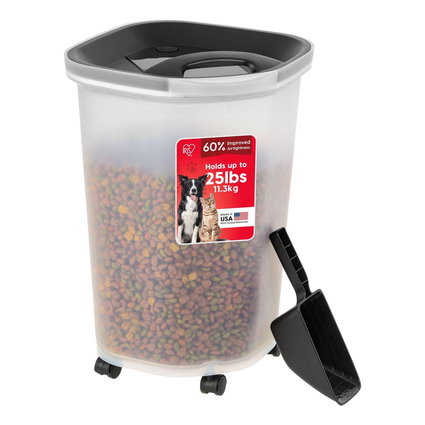 IRIS USA Airtight Pet Food Storage Container with Wheels, Black, 30 lb Capacity - BPA - Free Clear Plastic Bin with Snap - Lid Seal to Keep Kibble, Pellets or Seeds Fresh for Dogs, Cats and Birds - 7DAY'S
