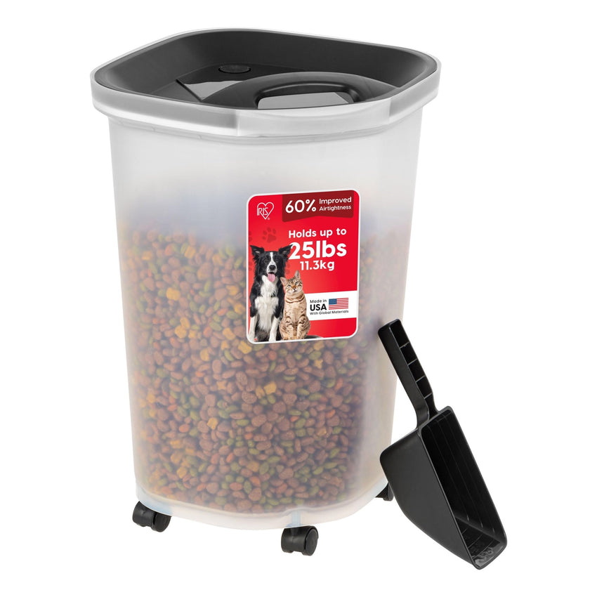 IRIS USA Airtight Pet Food Storage Container with Wheels, Black, 30 lb Capacity - BPA - Free Clear Plastic Bin with Snap - Lid Seal to Keep Kibble, Pellets or Seeds Fresh for Dogs, Cats and Birds - 7DAY'S
