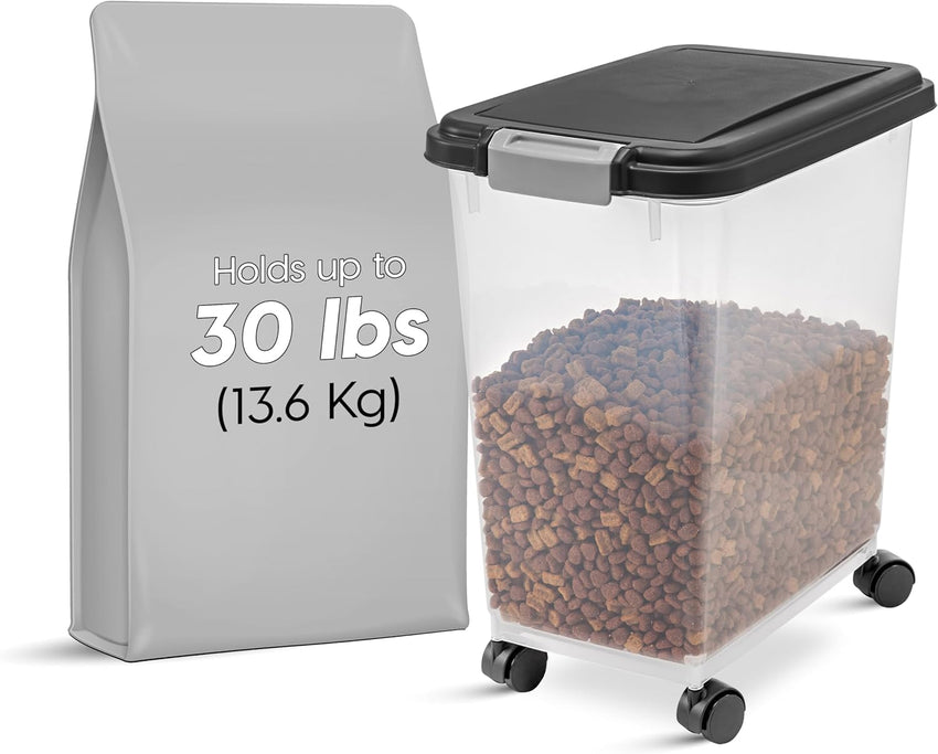 IRIS USA Airtight Pet Food Storage Container with Wheels, Black, 30 lb Capacity - BPA - Free Clear Plastic Bin with Snap - Lid Seal to Keep Kibble, Pellets or Seeds Fresh for Dogs, Cats and Birds - 7DAY'S