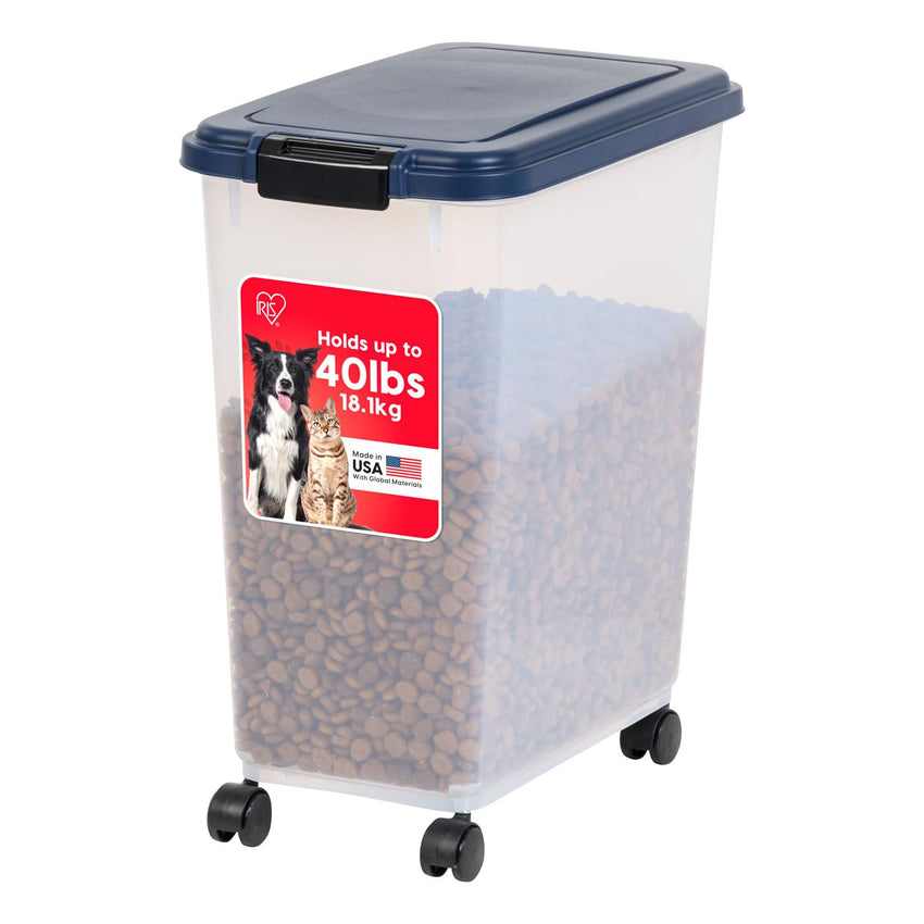 IRIS USA Airtight Pet Food Storage Container with Wheels, Black, 30 lb Capacity - BPA - Free Clear Plastic Bin with Snap - Lid Seal to Keep Kibble, Pellets or Seeds Fresh for Dogs, Cats and Birds - 7DAY'S