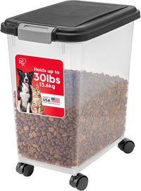 IRIS USA Airtight Pet Food Storage Container with Wheels, Black, 30 lb Capacity - BPA - Free Clear Plastic Bin with Snap - Lid Seal to Keep Kibble, Pellets or Seeds Fresh for Dogs, Cats and Birds - 7DAY'S