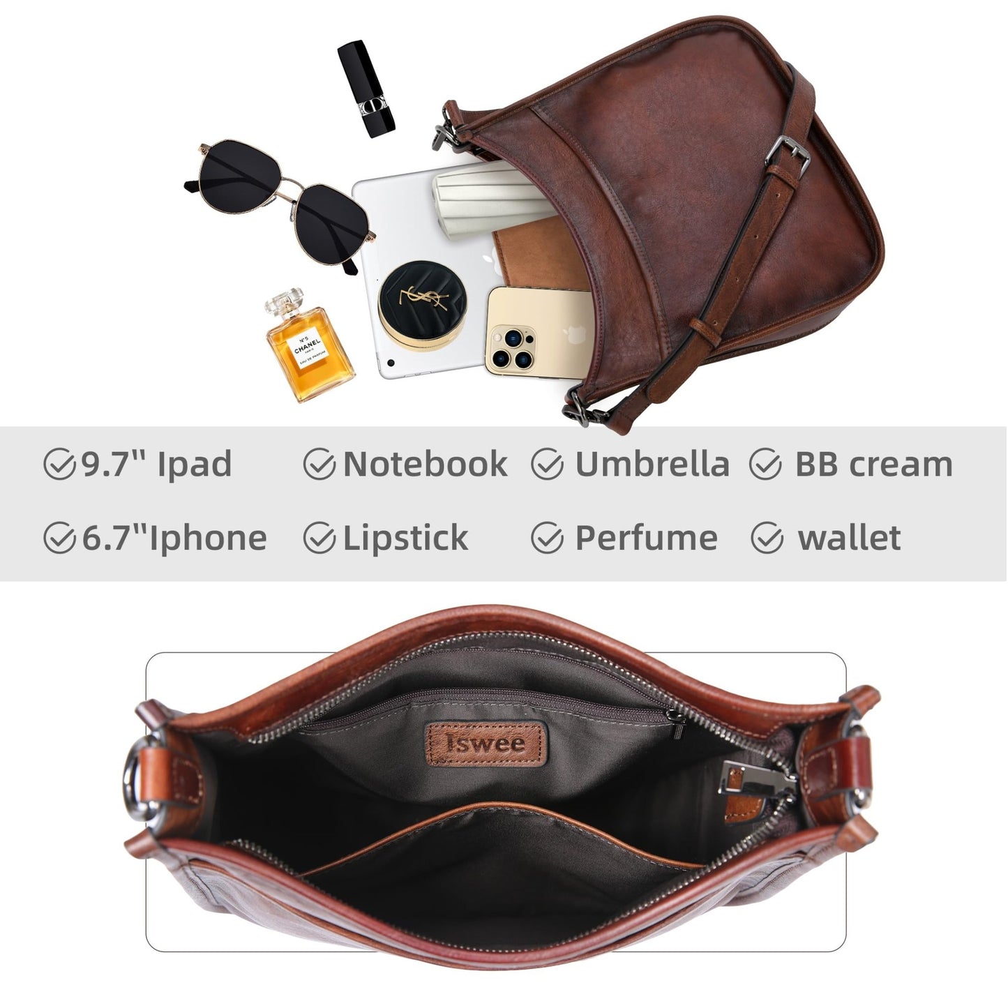 Iswee Crossbody Bags for Women Genuine Leather Purses Vintage Shoulder Handbags Travel Cross Body Bag with Boho Strap - 7DAY'S