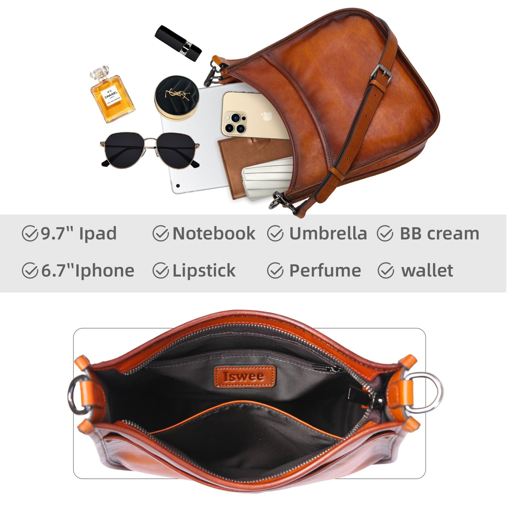 Iswee Crossbody Bags for Women Genuine Leather Purses Vintage Shoulder Handbags Travel Cross Body Bag with Boho Strap - 7DAY'S