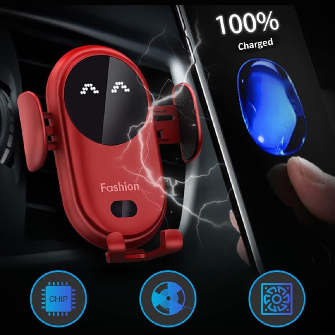 Jerrycherries Phone Holder, Jerrycherries Car Phone Holder, Marvulur Car Phone Holder, Marvulur Smart Car Wireless Charger Phone Holder, Smart Sensor Car Wireless Charger, Fashion Car Charger (Red) - 7DAY'S