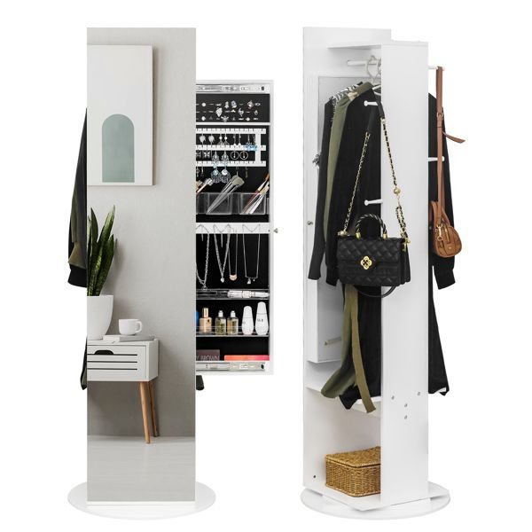 Jewelry Armoire with Full Length Mirror 360° and Large Capacity Jewelry Organizer Armoire; Lockable Mirror with Jewelry Storage; Coat Rack; Multi Storage Shelves - 7DAY'S