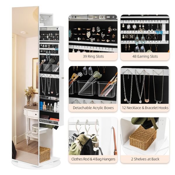 Jewelry Armoire with Full Length Mirror 360° and Large Capacity Jewelry Organizer Armoire; Lockable Mirror with Jewelry Storage; Coat Rack; Multi Storage Shelves - 7DAY'S