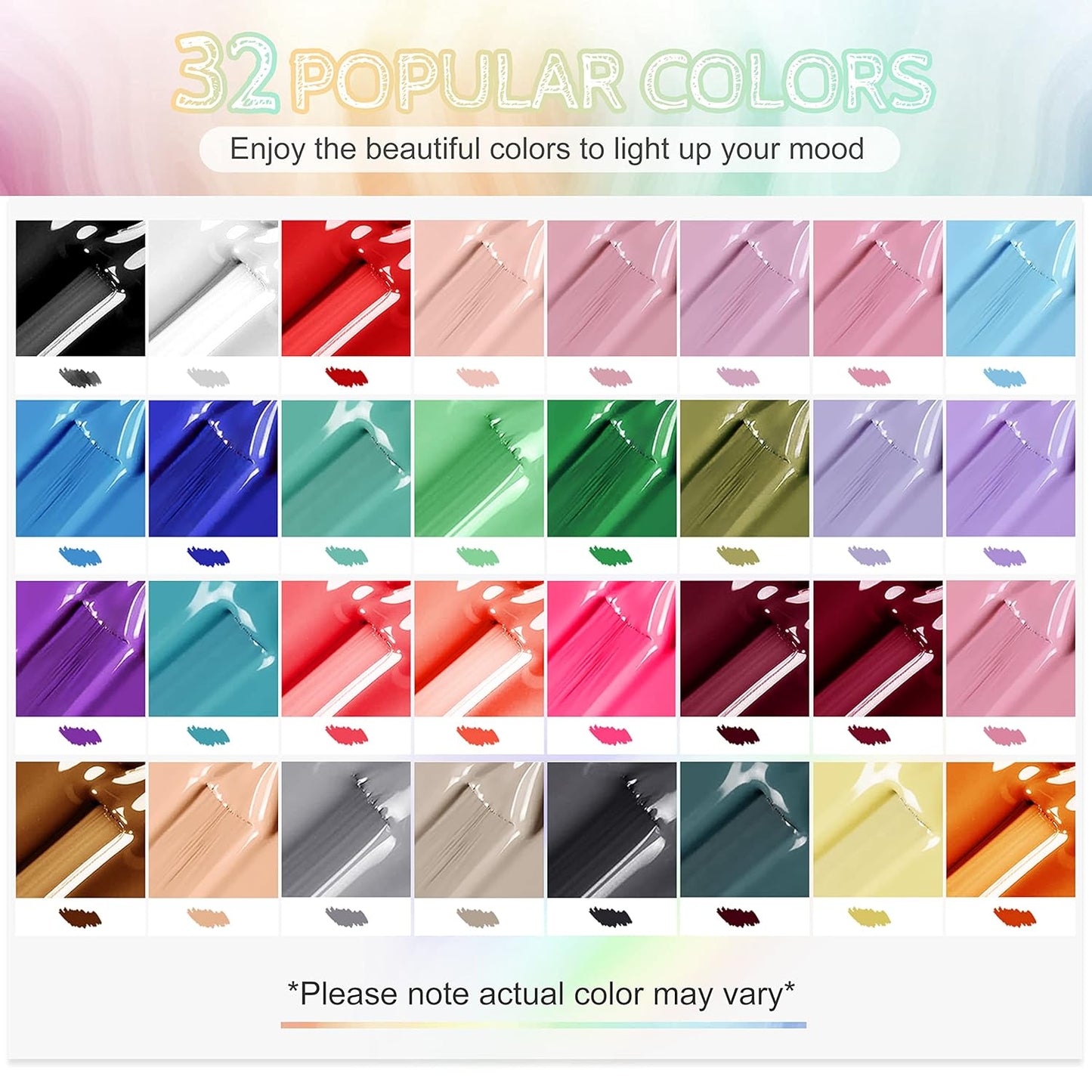 JODSONE 36 PCS Gel Nail Polish Set - 32 Colors Gel Polish Kit Base Coat Glossy Matte and Glitter Top Coat Nail Polish Set Green Blue Red Pink Collection Gifts for Women - 7DAY'S