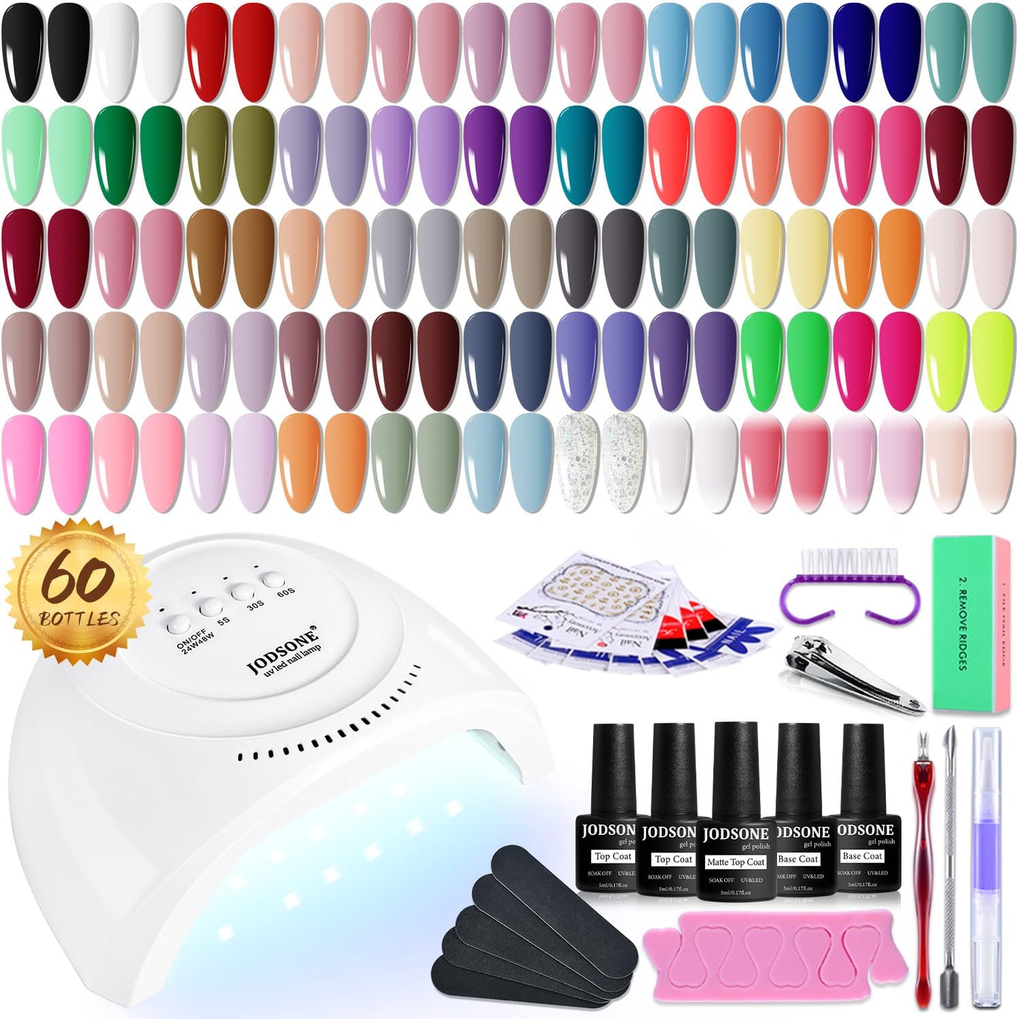JODSONE 36 PCS Gel Nail Polish Set - 32 Colors Gel Polish Kit Base Coat Glossy Matte and Glitter Top Coat Nail Polish Set Green Blue Red Pink Collection Gifts for Women - 7DAY'S