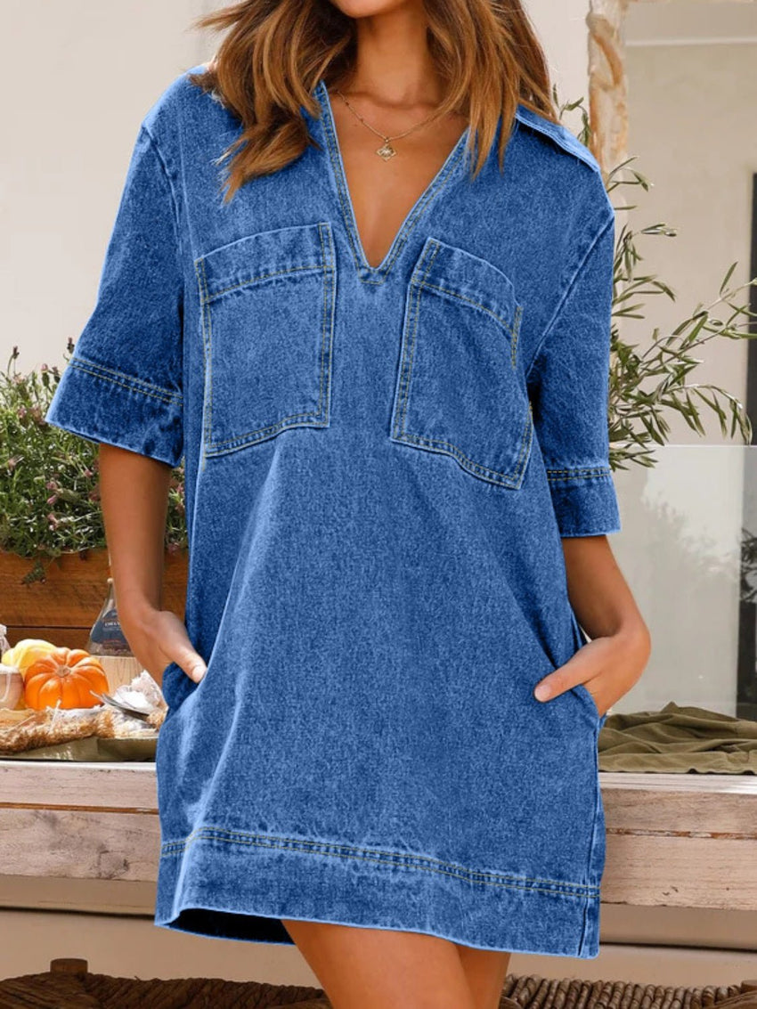 Johnny Collar Half Sleeve Denim Dress - 7DAY'S