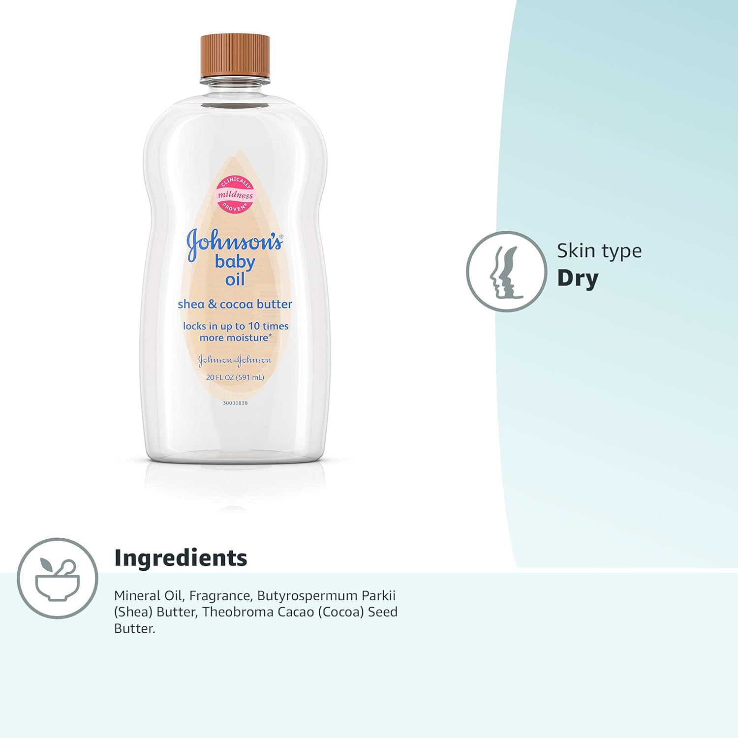 Johnson's Baby Oil, Mineral Oil Enriched with Shea & Cocoa Butter to Prevent Moisture Loss, Hypoallergenic, 20 fl. oz - 7DAY'S
