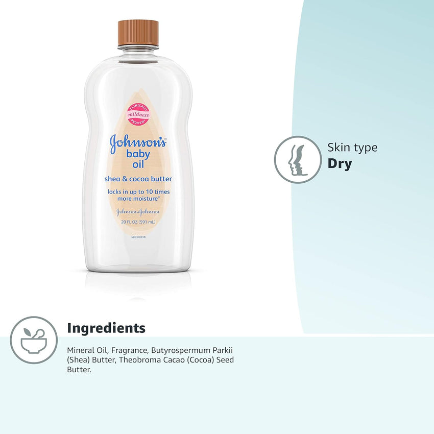 Johnson's Baby Oil, Mineral Oil Enriched with Shea & Cocoa Butter to Prevent Moisture Loss, Hypoallergenic, 20 fl. oz - 7DAY'S