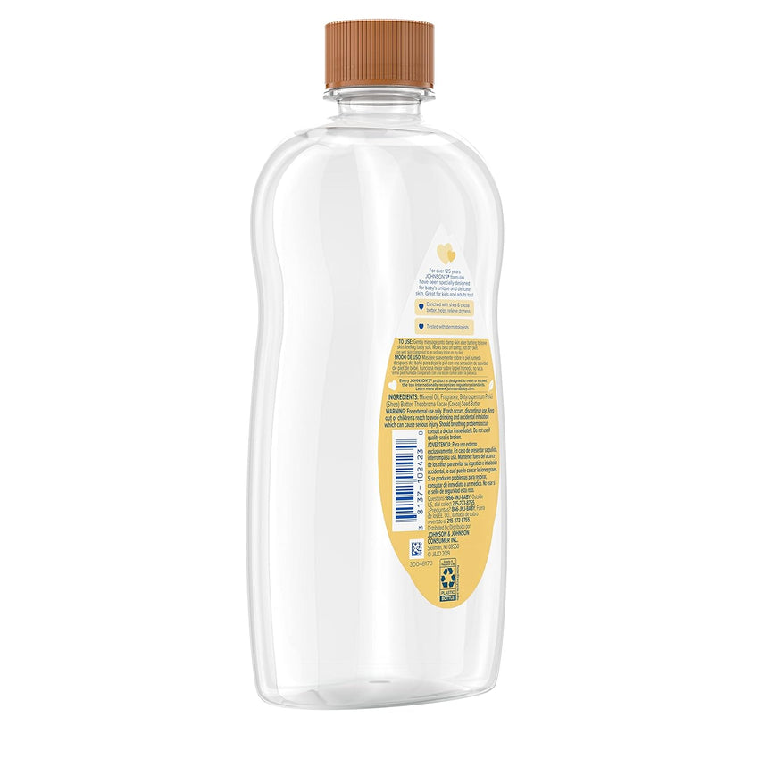 Johnson's Baby Oil, Mineral Oil Enriched with Shea & Cocoa Butter to Prevent Moisture Loss, Hypoallergenic, 20 fl. oz - 7DAY'S